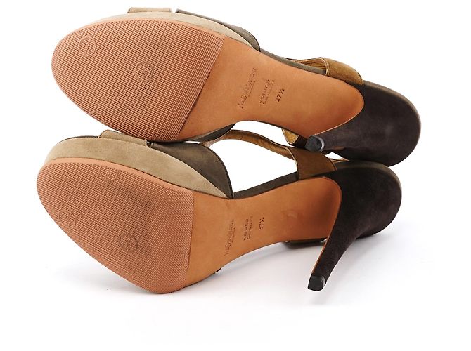 Yves Saint Laurent Sandali platform slingback in pelle scamosciata Taupe - vista 3