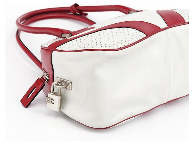 Prada Borsa Bowling B11334 in pelle traforata bianca e rossa - vista 10