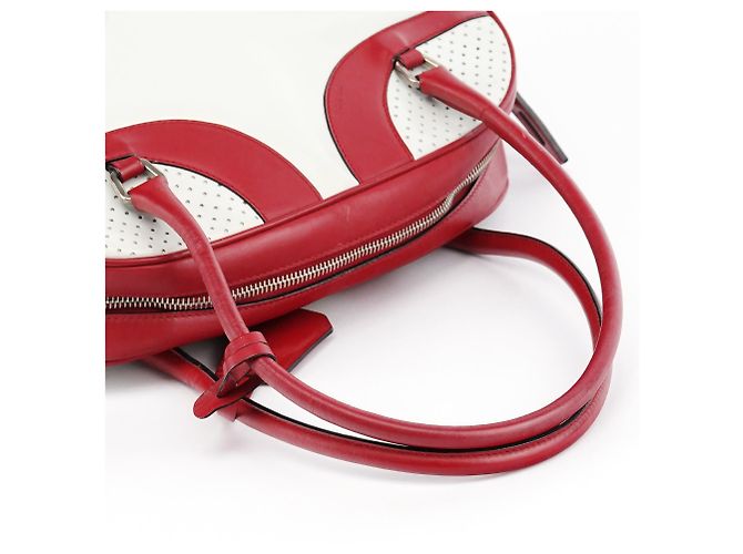 Prada Borsa Bowling B11334 in pelle traforata bianca e rossa - vista 12