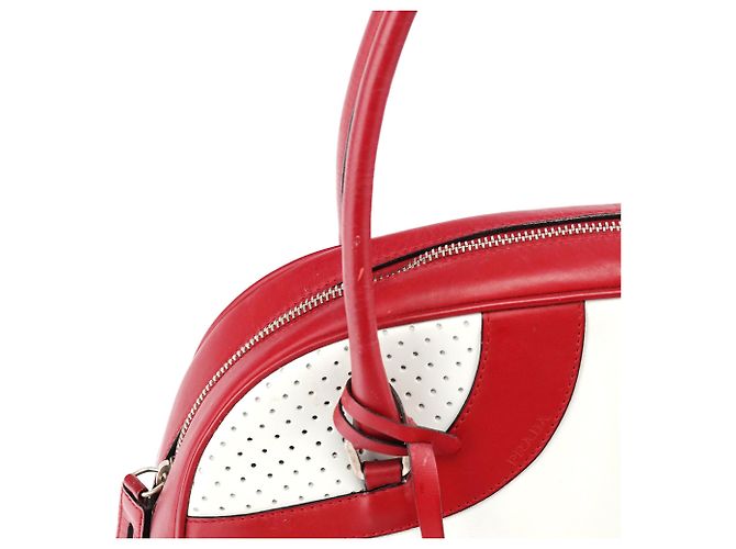 Prada Borsa Bowling B11334 in pelle traforata bianca e rossa - vista 16