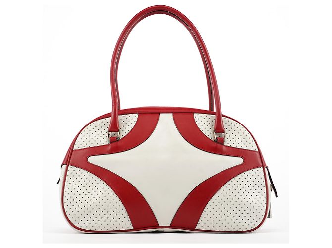 Prada Borsa Bowling B11334 in pelle traforata bianca e rossa - vista 3