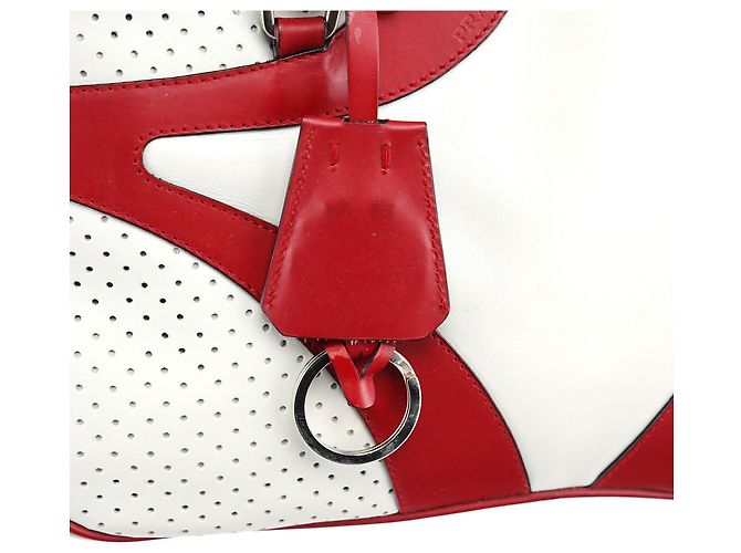 Prada Borsa Bowling B11334 in pelle traforata bianca e rossa - vista 7