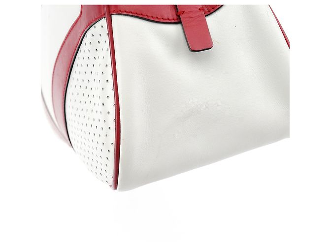 Prada Borsa Bowling B11334 in pelle traforata bianca e rossa - vista 9
