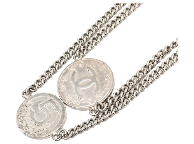 Collana lunga a catena con monete in ottone CC argentato Chanel - vista 2