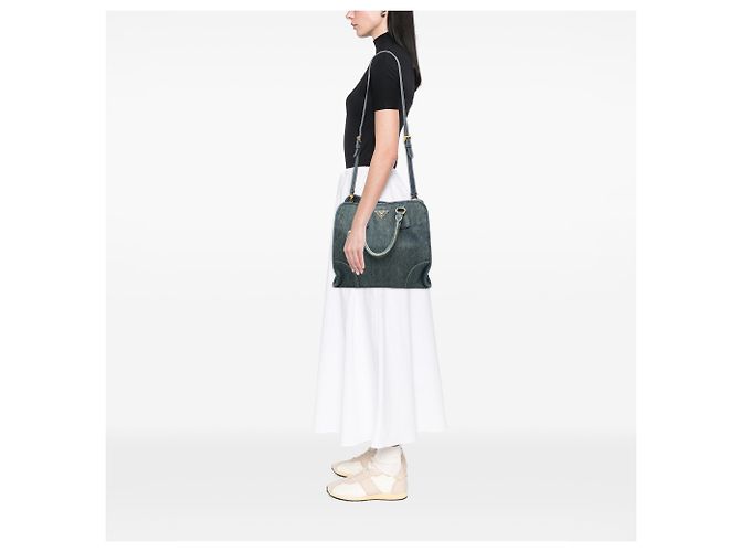 Borsa Tote Convertibile Aperta Prada in Denim Blu - vista 6