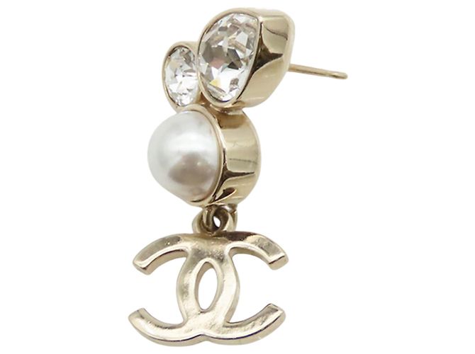 Orecchini a goccia Chanel Gold CC placcati in oro con perle sintetiche e strass - vista 4