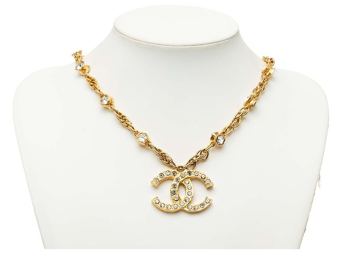 Collana con pendente Chanel Gold CC placcata in oro e strass - vista 7