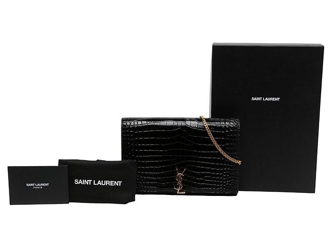 Autre Marque Saint Laurent Cartera Cassandre con cadena en charol negro efecto cocodrilo - vista 6
