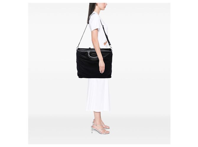 Borsa tote convertibile Prada in Tessuto con rifiniture in Saffiano nero - vista 6