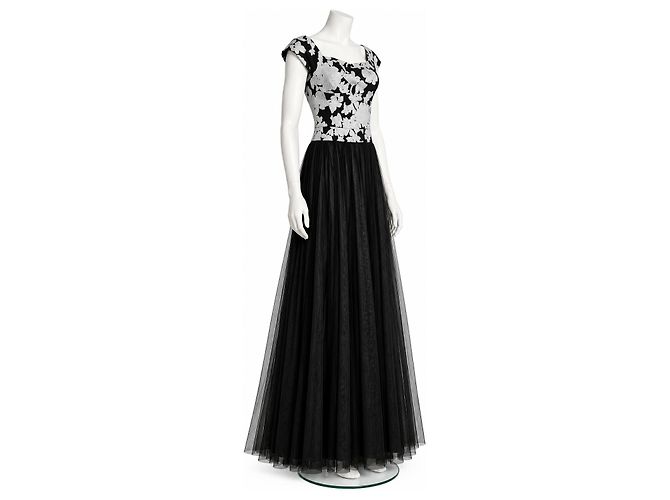 Vera Wang Abendkleid aus schwarzem besticktem Tüll - Ansicht 2