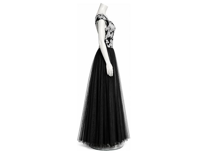 Vera Wang Abendkleid aus schwarzem besticktem Tüll - Ansicht 3