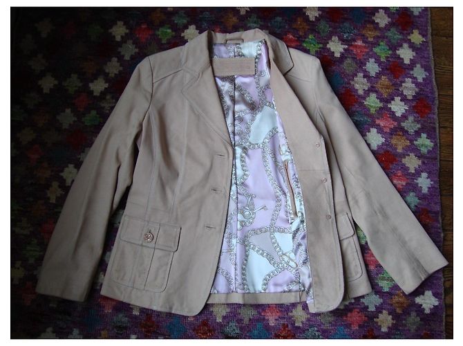 Autre Marque Beige Lederjacke mit Kettenprint-Futter - Ansicht 3
