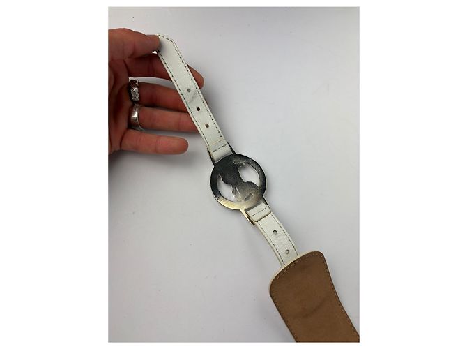 Céline Vintage Celine Leder Sulky Buckle Gürtel Späte 1970s–1990s White Silver - Ansicht 3