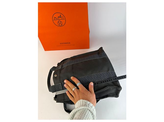 Borsa Tote Vintage Hermès Troca Canvas Fine anni 1990 Dark Grey Blue - vista 13
