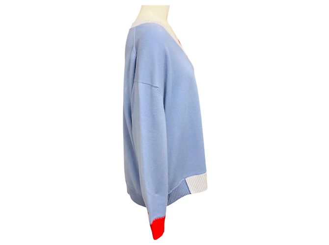 Pull-over en cachemire à manches longues et col en V Barrie bleu pervenche avec bordure rouge coquelicot - vue 2