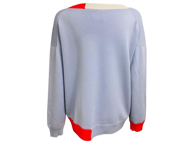 Pull-over en cachemire à manches longues et col en V Barrie bleu pervenche avec bordure rouge coquelicot - vue 3
