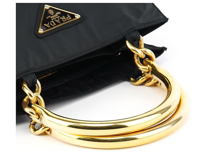 Prada Borsa Tote Black Tessuto Metallo Gold Handle - vista 10
