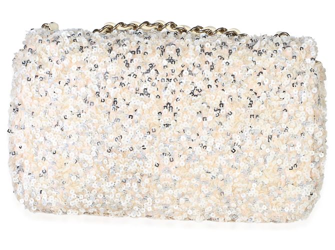 Borsa Chanel Small Single Flap in paillettes argento e crema - vista 2