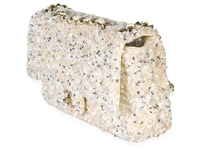 Borsa Chanel Small Single Flap in paillettes argento e crema - vista 3