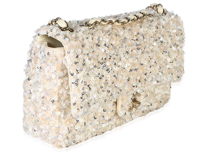 Borsa Chanel Small Single Flap in paillettes argento e crema - vista 4