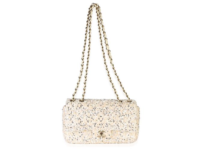 Borsa Chanel Small Single Flap in paillettes argento e crema - vista 5