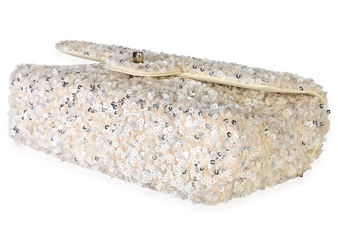 Borsa Chanel Small Single Flap in paillettes argento e crema - vista 6