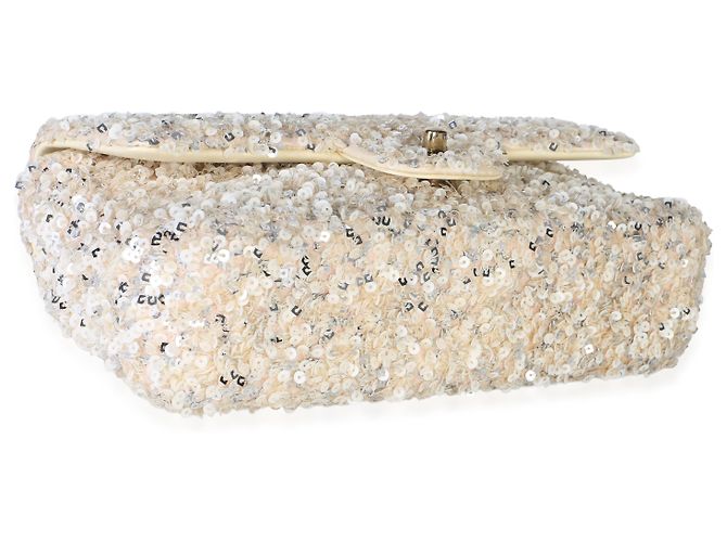 Borsa Chanel Small Single Flap in paillettes argento e crema - vista 7