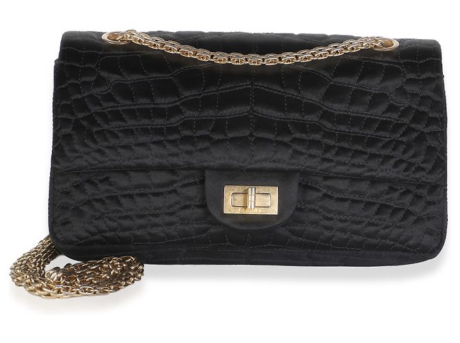 Borsa Chanel Medium Reissue 225 in raso croc nero - vista 8