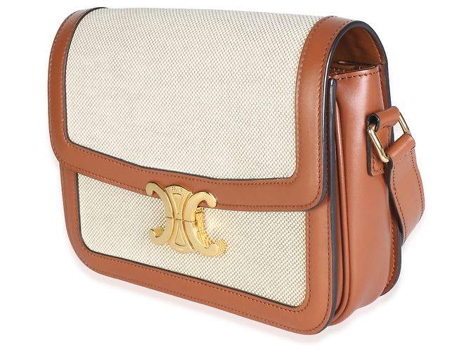 Céline Bolsa Triomphe Medium Celine em pele de vitelo natural e têxtil branco e tan - vista 3