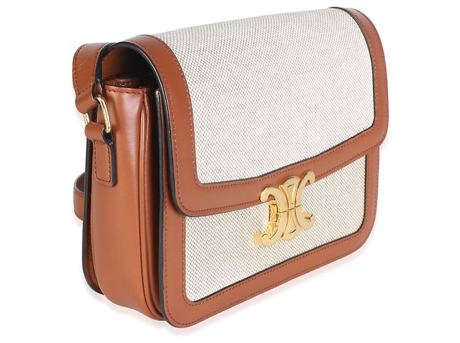 Céline Bolsa Triomphe Medium Celine em pele de vitelo natural e têxtil branco e tan - vista 4
