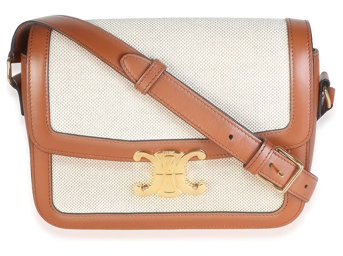 Céline Bolsa Triomphe Medium Celine em pele de vitelo natural e têxtil branco e tan - vista 8