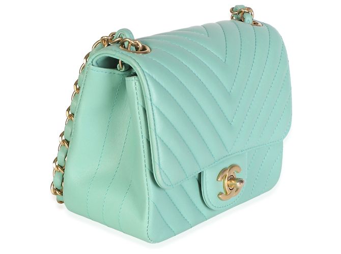 Borsa Mini Square Flap Chanel in pelle d'agnello chevron verde chiaro - vista 4