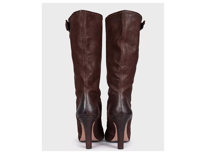 Prada Brown Leather Block Heel Pull-On Boots Sz.39 Pre-owned - view 4