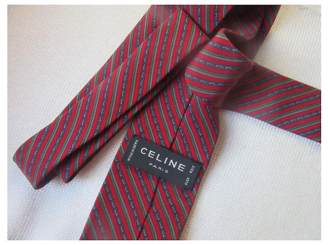 Céline Cravatta in seta Celine motivo catena rosso e verde - vista 4