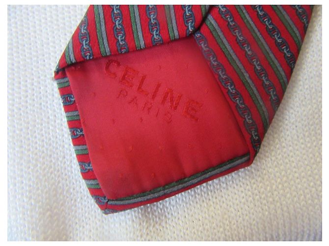 Céline Cravatta in seta Celine motivo catena rosso e verde - vista 6