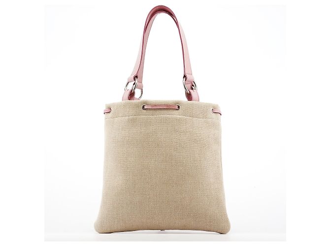 Yves Saint Laurent Borsa Tote YSL in tela beige e pelle rosa - vista 3