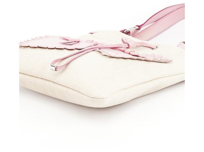 Yves Saint Laurent Borsa Tote YSL in tela beige e pelle rosa - vista 9