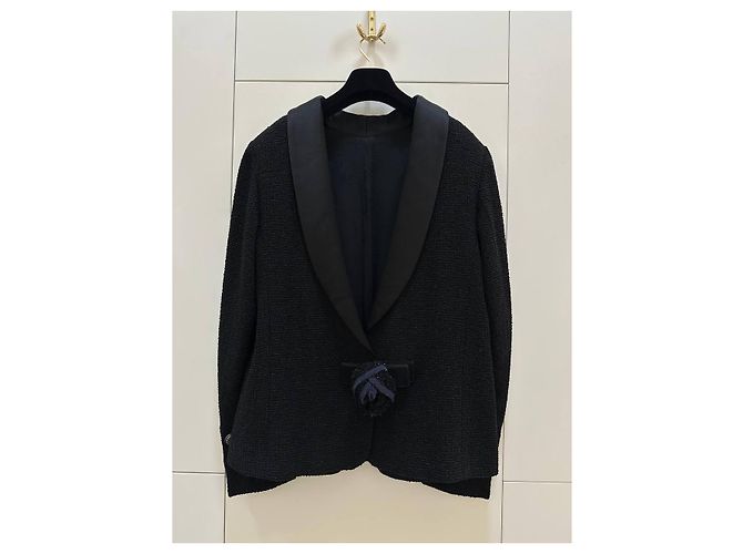 Giacca CHANEL FR 44 in tweed nero e seta usata - vista 2