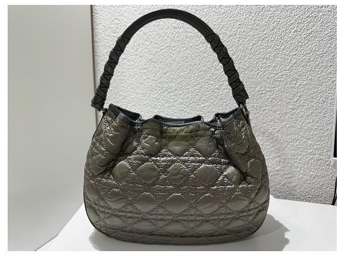 Christian Dior Borsa a tracolla Cannage Nylon Pelle Grigio Verde - vista 4