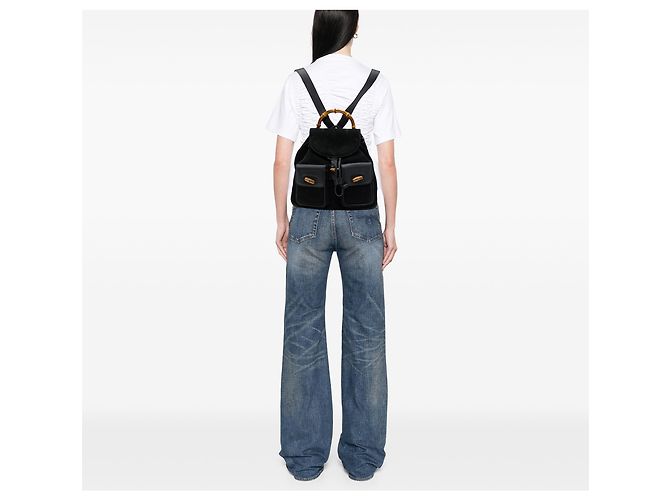 Bamboo Zaino Gucci Large in camoscio nero con coulisse e bambù - vista 6