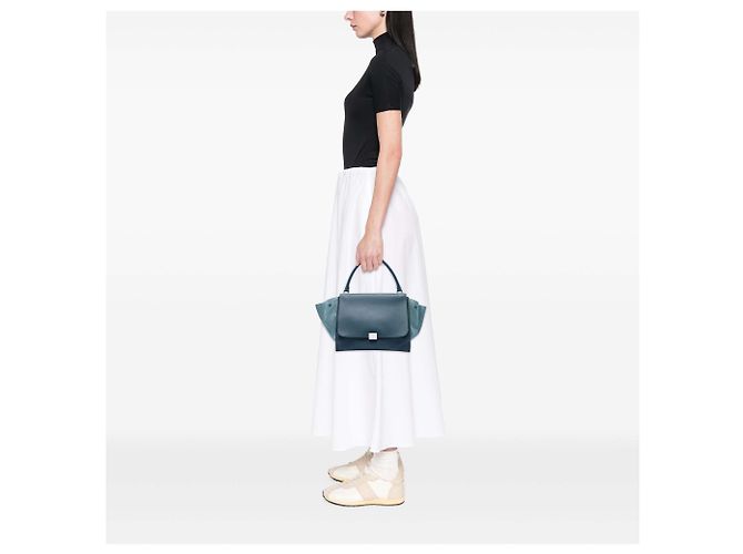 Trapèze Céline Borsa Trapeze Celine Blu in pelle di vitello drummed e camoscio Large - vista 5