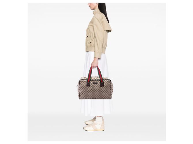 Borsa Duffle Gucci in tela GG beige con banda Web - vista 6