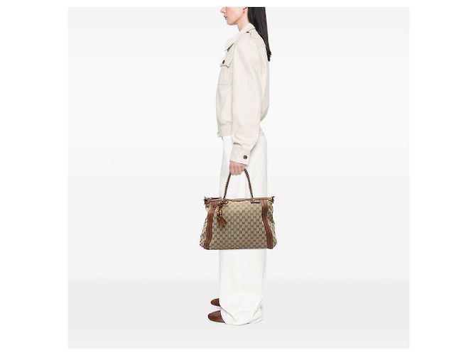Borsa Tote Convertibile Gucci Bella in Canvas GG Beige - vista 5