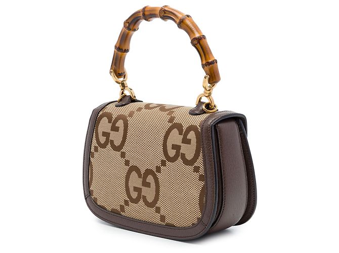 Borsa Gucci Beige Small Jumbo GG Canvas Web Bamboo 1947 con manico superiore - vista 2