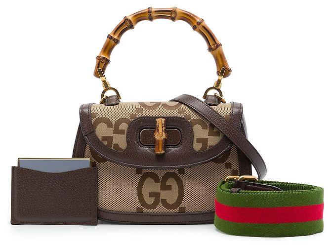 Borsa Gucci Beige Small Jumbo GG Canvas Web Bamboo 1947 con manico superiore - vista 7