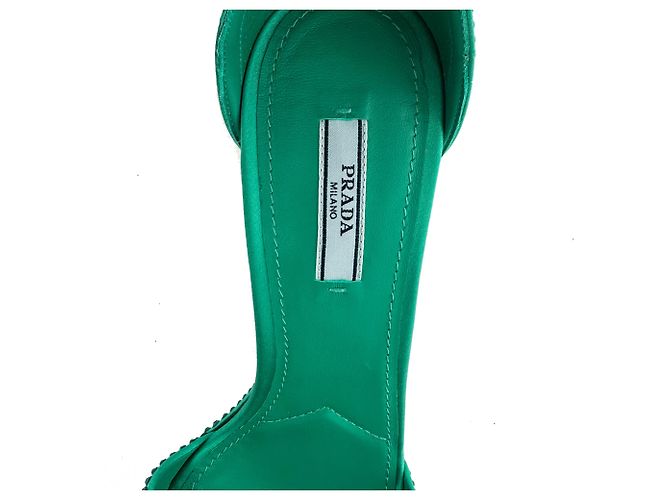 Prada Crystal Embellished Ankle Strap Platform Heels in Green Satin - view 11