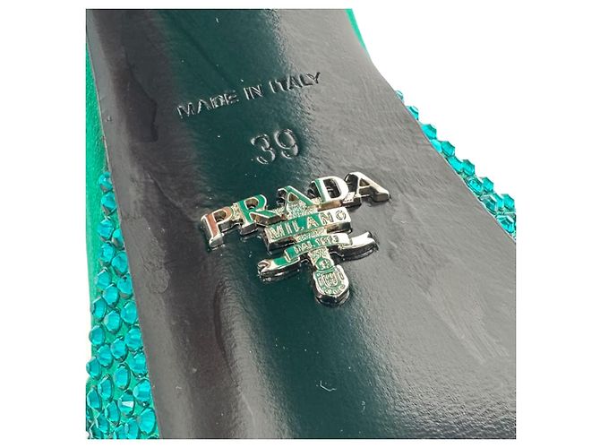 Prada Crystal Embellished Ankle Strap Platform Heels in Green Satin - view 12