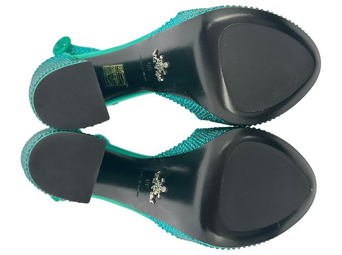 Prada Crystal Embellished Ankle Strap Platform Heels in Green Satin - view 14