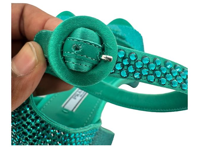 Prada Crystal Embellished Ankle Strap Platform Heels in Green Satin - view 15
