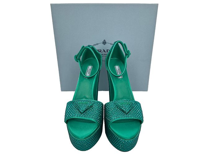 Prada Crystal Embellished Ankle Strap Platform Heels in Green Satin - view 16